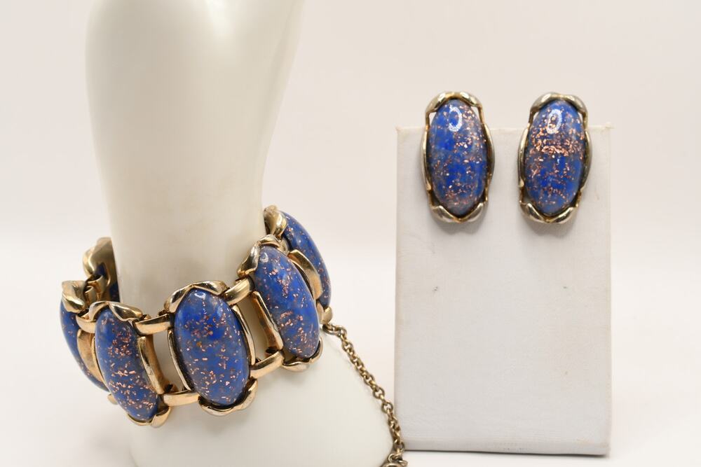 Vintage Blue Confetti Lucite Bracelet Clip Earrings Set Gold Tone 1950s